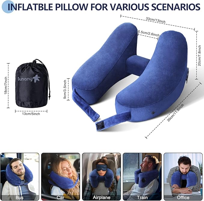 Sunany Travel Neck Pillow for Airplane Pillow Comfortably Supports Head, Neck and Chin, Inflatable Travel Pillow with Soft Velour Cover and Portable Drawstring Bag (Black) (Blue, H)
