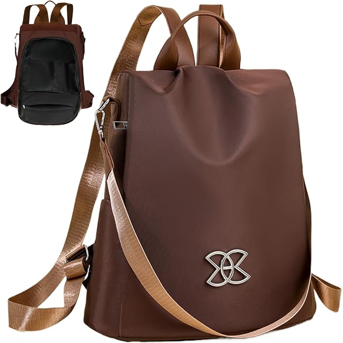 Anti-Theft Backpack for Women Brown Nylon Stylish Anti-Theft Bags for Women with Detachable Hook Lightweight Large Capacity Backpack for Travel Daily