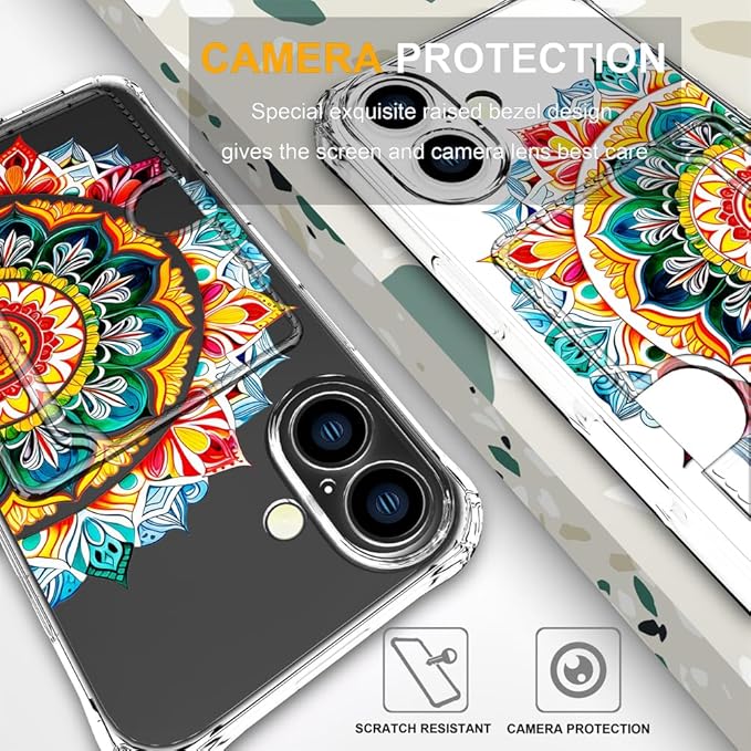 Compatible with iPhone 16 Case Card Holder for Women Cute Design,Wallet Phone Cases Transparent Cool Kawaii Protective (Clear Mandala Henna Flower)