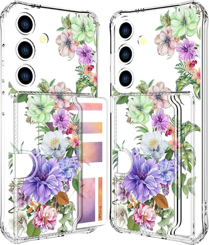 Compatible with Samsung Galaxy S24+ Plus / S25+ Plus Case Card Holder for Women Cute Design,Wallet Phone Cases Transparent Cool Kawaii Protective (Clear Impressive Flowers)