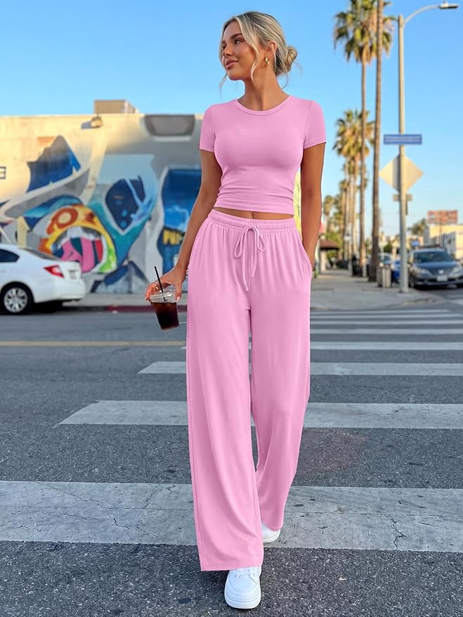 Trendy Queen 2 Piece Matching Summer Lounge Set Womens Side Ruching Top Wide Leg Pants Sets with Pockets