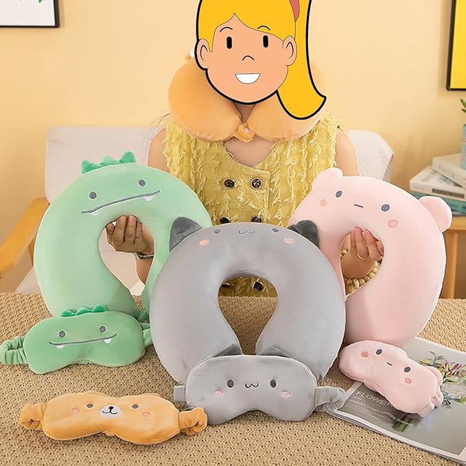 Kids Neck Pillow for Travel with Sleep Eye Mask, Cute Travel Neck Pillow, Memory Foam Flight Sleeping Headrest Pillow for Boys & Girls, Airplane, Train, Car, Home Use - Brown Bear