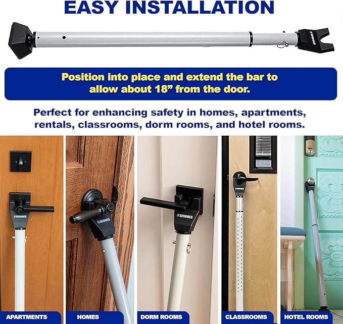 BRINKS Door Security Bar - Adjustable Brinks Door Security Bar for Travel, School, Dorm and Home - Door Jammer for Hinged Doors and Sliding Door Security – Silver - 2 Pack