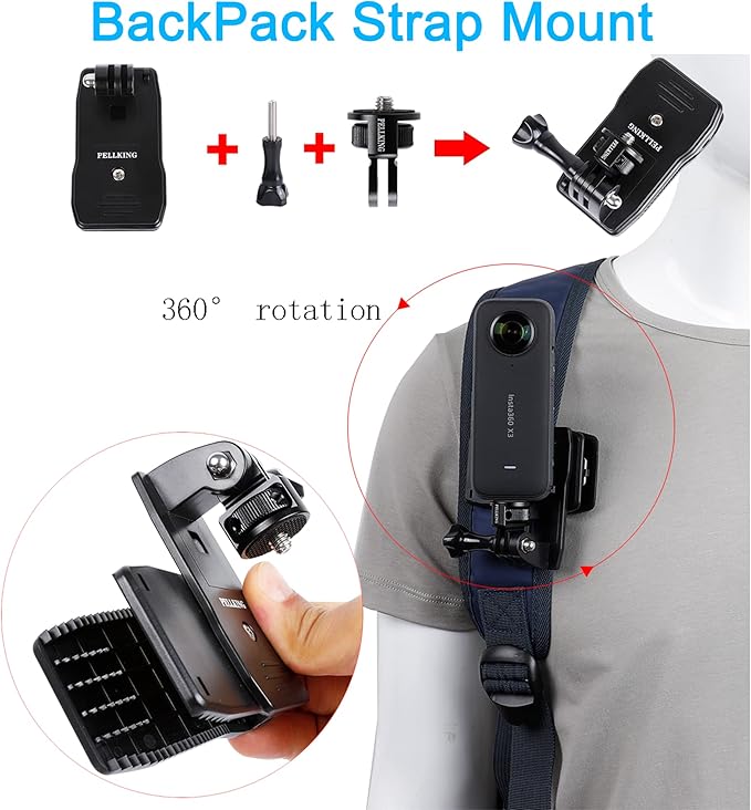 PellKing Accessories Kit for Insta360 X5 X4 ONE X3 X2 X GO 3s RS R, 4in1 Chest Strap Harness/Head Mount/Neck Holder/Backpack Strap Mount for Insta 360 GoPro DJI Action Camera