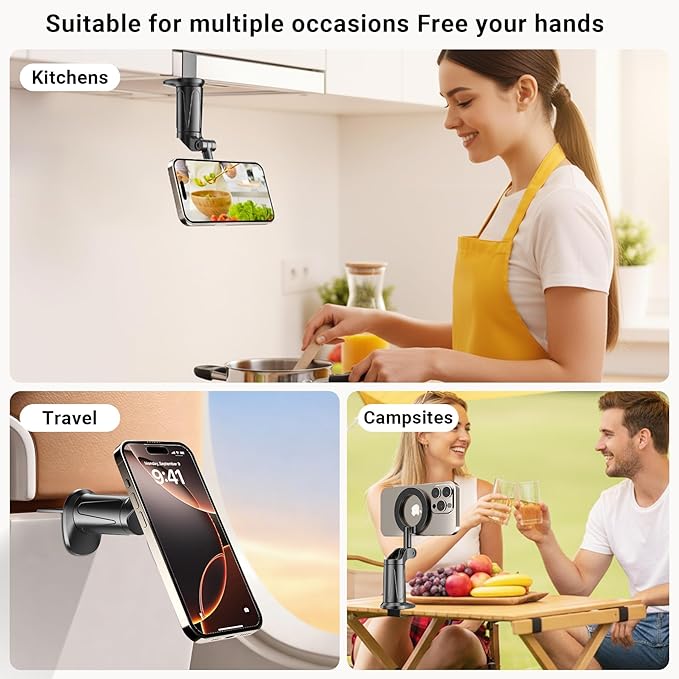 Airplane Phone Holder for MagSafe, Universal 360° Magnetic Plane Phone Stand for Travel Essentials, Handsfree for Air Plane Smartphone Mount Compatible with iPhone 17 16 15 14 13 12 and Android.