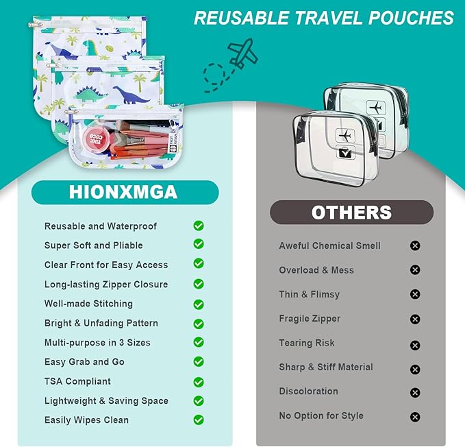 HIONXMGA TSA Approved Toiletry Bag, Set of 3 Clear Travel Toiletry Bag Quart Size Zipper Travel Pouch, Waterproof Makeup Cosmetic Bag for Women Men Kids Toiletries Carry on, Dinosaur White