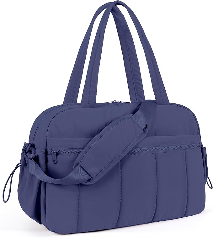 Lightweight Travel Duffle Bag for Women, Quilted Puffy Weekender with Wet Pocket for Gym, Overnight, Personal Item Carry On, Blue-Purple