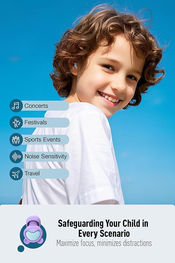 Kids Noise Reduction Ear Plugs (6-12 yrs) - Reusable Kids Ear Protection for Concerts, Travel, Focus, Socializing, Loud Events, Sleep, Noise Sensitivity – 26 dB Children Earplugs