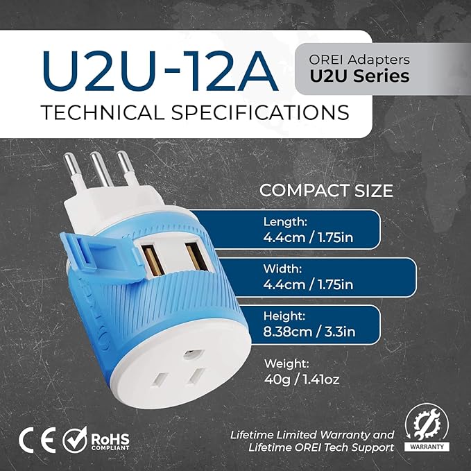 OREI Italy, Uruguay Travel Plug Adapter with Dual USB - Type L (U2U-12A), Will Work with Cell Phones, Camera, Laptop, Tablets, iPad, iPhone and More, Blue