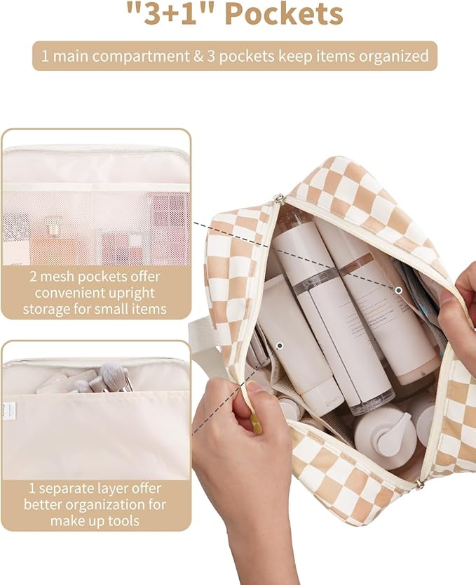 Narwey Large Travel Toiletry Bag Women, Checkered Makeup Bag with Handle, Portable Make up Cosmetic bag Organizer, Travel Bag for Toiletries, Skincare, Medicine, Essentials (Light Checkerboard, Large)