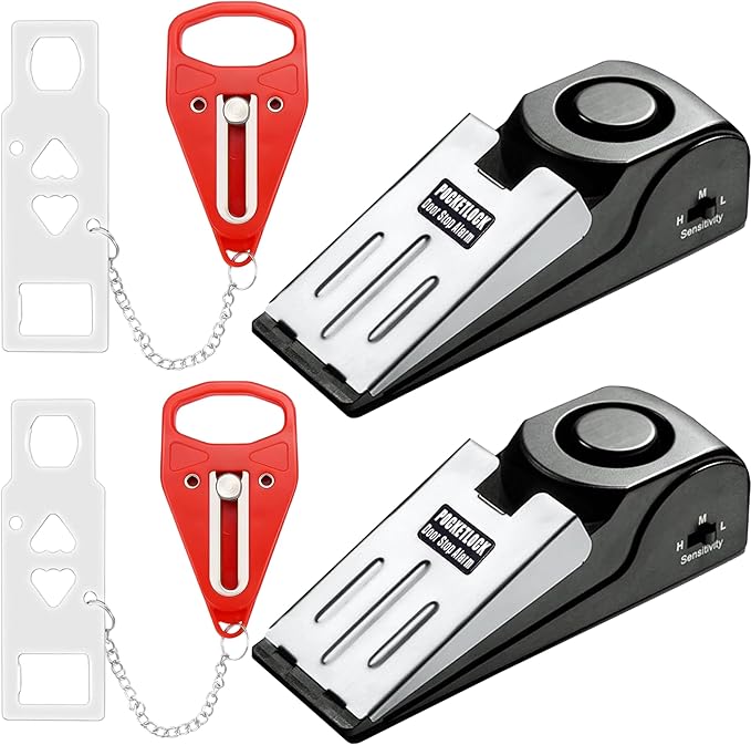 Portable Door Lock + Door Stop Alarm Set – Travel Safety Kit for Hotel Rooms, Home, Dorms & Apartments – (Red, 2-Pack - 2 Locks + 2 Alarms)