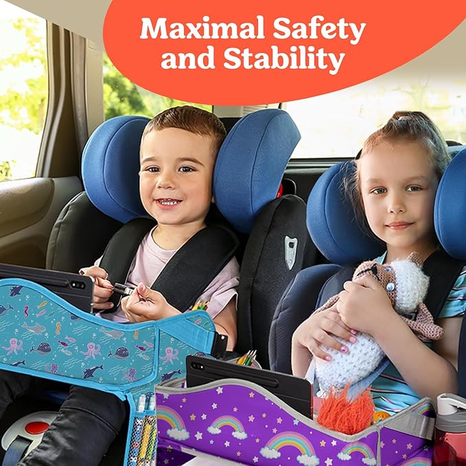 PILLANI Kids Travel Tray for Car - Car Seat Tray for Toddler, Roadtrip Essentials, Carseat Table Tray for Kids Road Trip Activities - Toddler Lap Desk Organizer for Airplane w/Dry Erase Surface