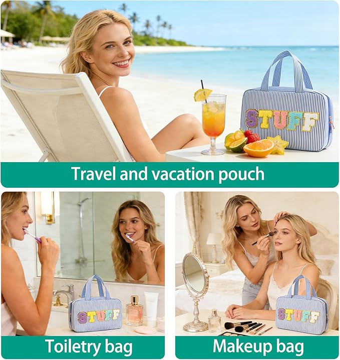 Hanging Toiletry Bag for Women Chenille Letter Travel Cosmetic Bag Fashion Stripes Water-resistant Makeup Bag for Store Toiletries Cosmetic Accessories Medium Blue