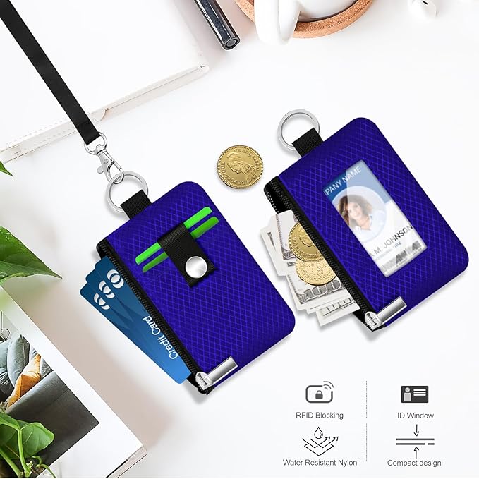 Minimalist RFID Blocking Small Wallet with ID Window,WaterResistant Zip Id Case Wallet with Lanyard Keychain for Cards,Cash,Travel,Women,Men (Sapphire Blue)