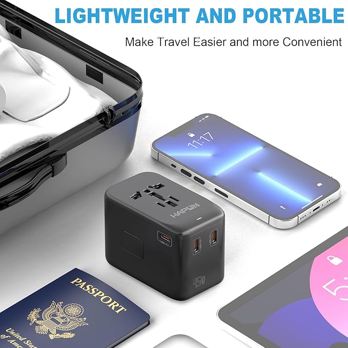 HAPOW Universal Travel Adapter, GaN 45W International Power Adapter, 3 USB-C & 1 USB-A Fast Charging Travel Charger, All in One Worldwide Travel Plug Adapter, Outlet Adapter for Europe UK USA AU