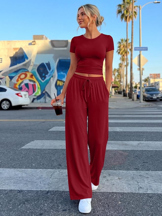 Trendy Queen 2 Piece Matching Summer Lounge Set Womens Side Ruching Top Wide Leg Pants Sets with Pockets