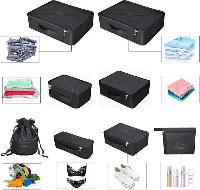 Packing Cubes 8 Sets/7 Colors Travel Luggage Organizers Include Waterproof Shoe Storage Bag Convenient Packing Pouches for Traveller (Black)