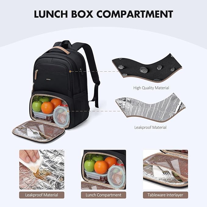 MDODO Lunch Backpack for Women Men,15.6Inch Insulated Lunch Box Backpack with USB Charging Port, Diaper Laptop Back pack for Travel Picnic Work Teacher Nurse,Black