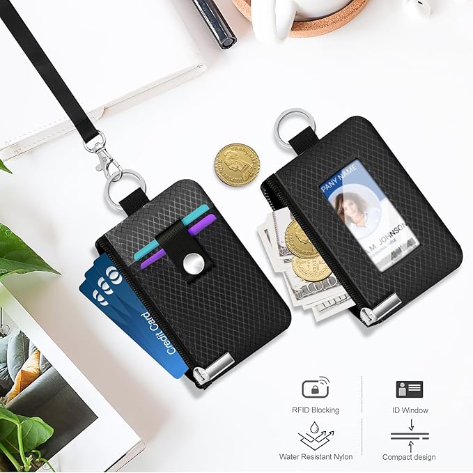 Minimalist RFID Blocking Small Wallet with ID Window,WaterResistant Zip Id Case Wallet with Lanyard Keychain for Cards,Cash,Travel,Women,Men (Black/DarkGrey)
