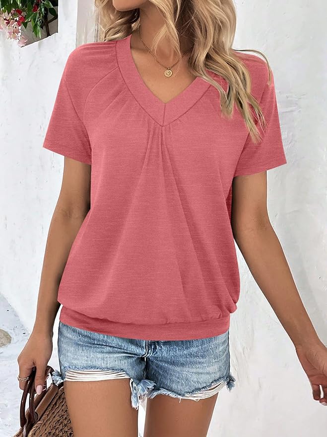 AUTOMET Womens Tops Short Sleeve V Neck T Shirts 2026 Summer Spring Beach Vacation Clothes Casual Loose Ruched Top
