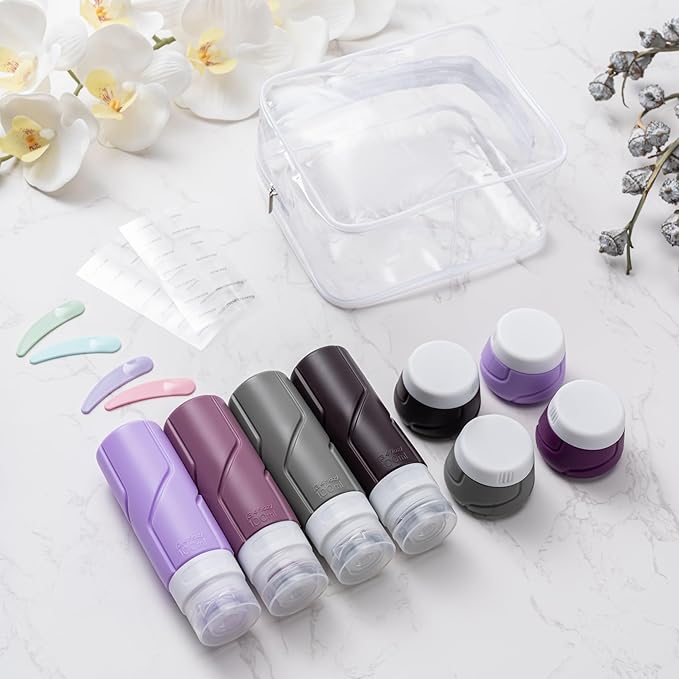 CADONO Travel Bottles for Toiletries 15 Pack, TSA Approved Travel Size Containers 3oz, LeakProof Silicone Squeezable Creams Jars, Refillable Toiletry Bottles for Shampoo, Conditioner (Purple)