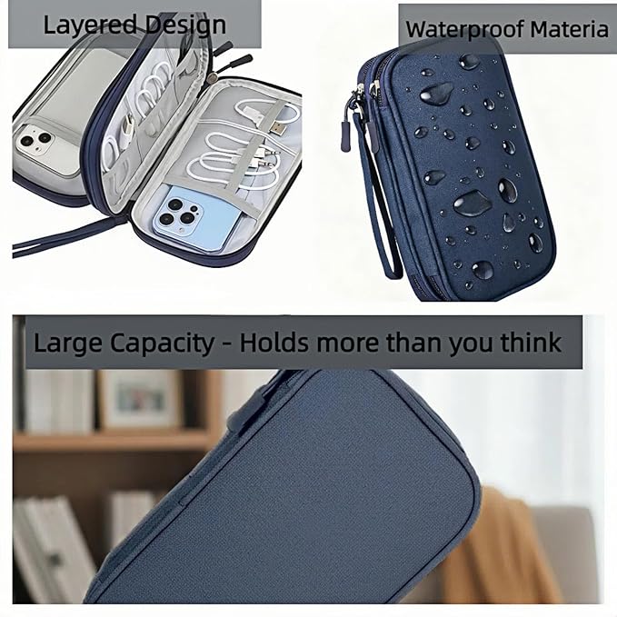 Portable Waterproof Double Layers All-in-One Storage Bag, Travel Cord Organizer，Electronics Accessories Organizer Pouch Bag for Accessories,Charger, USB Cable, Gadget (navy blue)