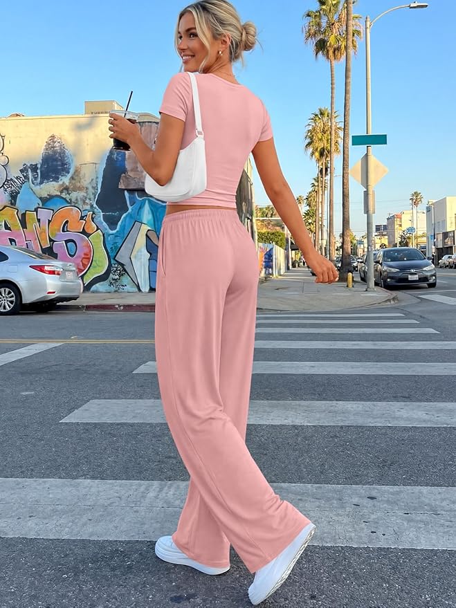 Trendy Queen 2 Piece Matching Summer Lounge Set Womens Side Ruching Top Wide Leg Pants Sets with Pockets