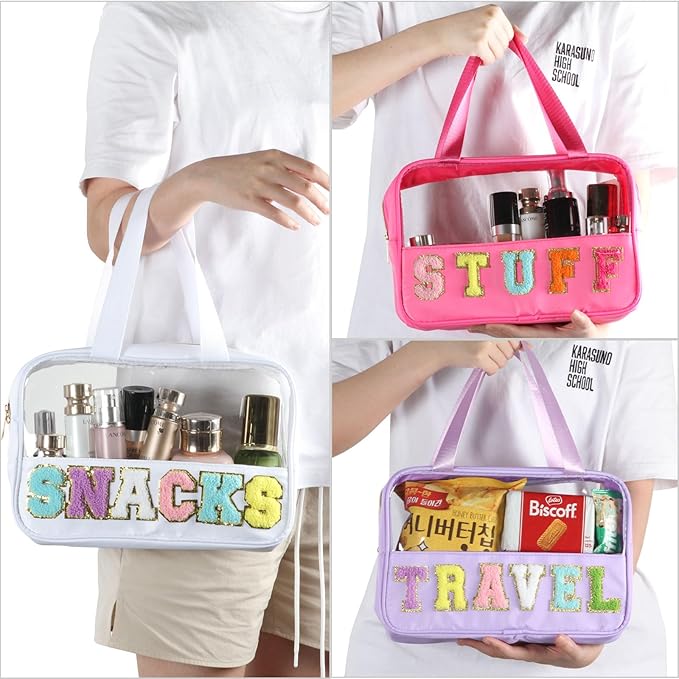 BuyCard Chenille Letter Patch Clear Travel Bags, Preppy PVC&Nylon Makeup Bag with Handle and Zipper, Waterproof Large Clear Travel Toiletry Bag Storage Bag for Women Girls