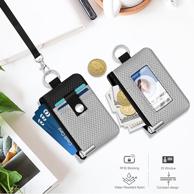 Minimalist RFID Blocking Small Wallet with ID Window,WaterResistant Zip Id Case Wallet with Lanyard Keychain for Cards,Cash,Travel,Women,Men (Light gray/Dark blue)