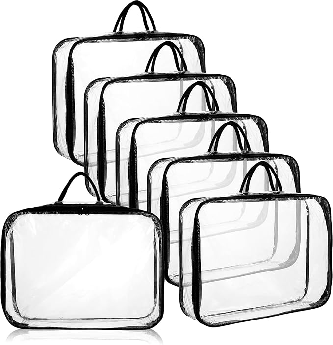 6 Pcs Large Clear Travel Packing Cube, See-Through PVC Organizer, Vinyl Zippered Storage Bags Multipurpose Pouch with Handle for Suitcase Pants, Cashmere, Sweaters Shirts Dress Storage