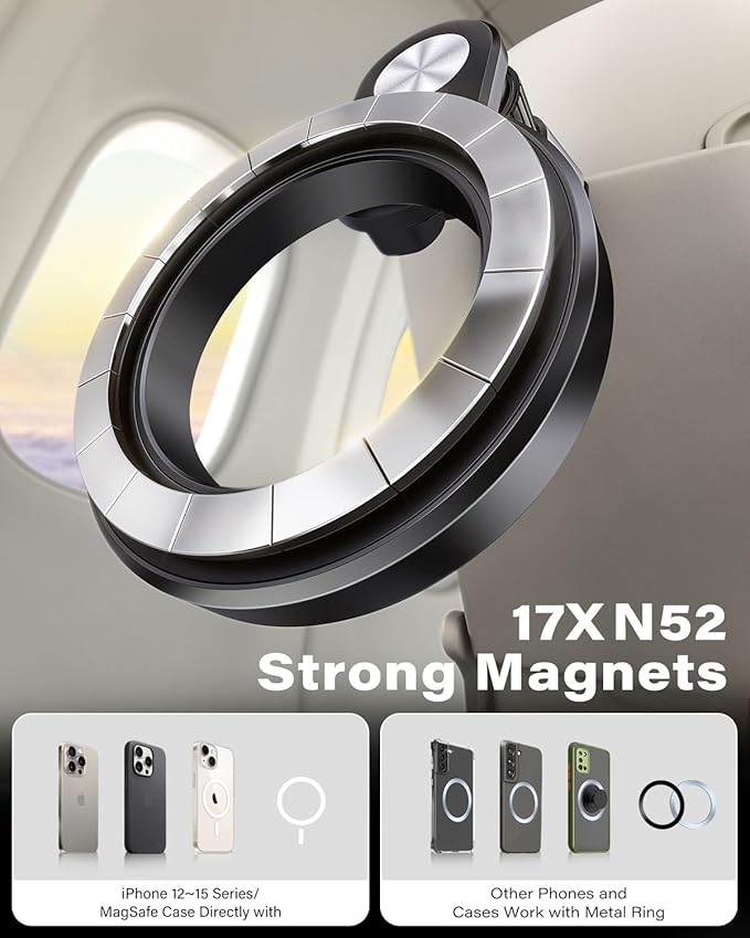 Magnetic Airplane Phone Holder for Travel Essentials - PhoneHolder for Airplane Seat, Car & Home with MagSafe Compatibility, Compatible with iPhone 16/15/14 & Android-917001
