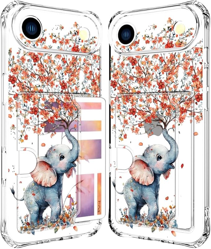 Compatible with iPhone 17 Air Case Card Holder for Women Cute Design,Wallet Phone Cases Transparent Cool Kawaii Protective (Clear Elephant Creating Flowers)