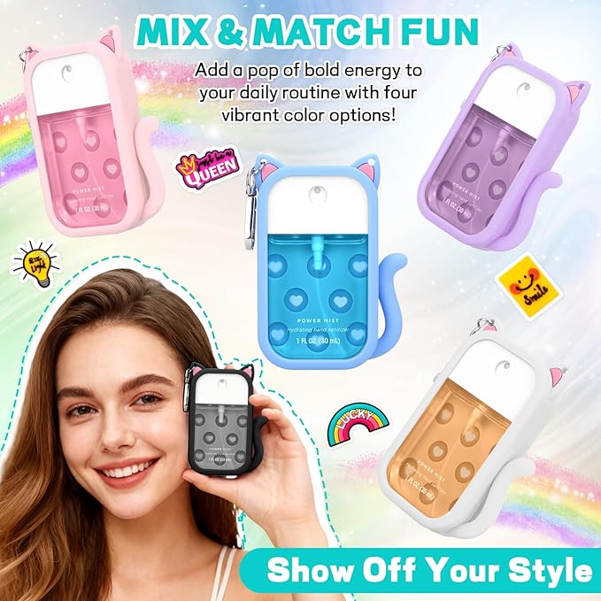 Cat Silicone Case for Touchland Hand Sanitizer Spray with Keychain,Compatible with Power Mist 1FL OZ/30ML,4 Cute Charms Accessory Portable Hand Sanitizer Holder for Touchland(1PCS Black)