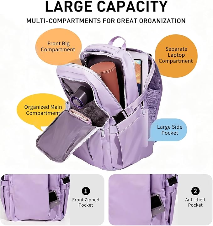 Travel Backpack for Women Men Carry on Backpack, Airline Approved Large Travel Bag Flight Approved Personal item, 15.6 Inch Laptop Backpack Casual Daypack for Weekender Business Hiking-PURPLE