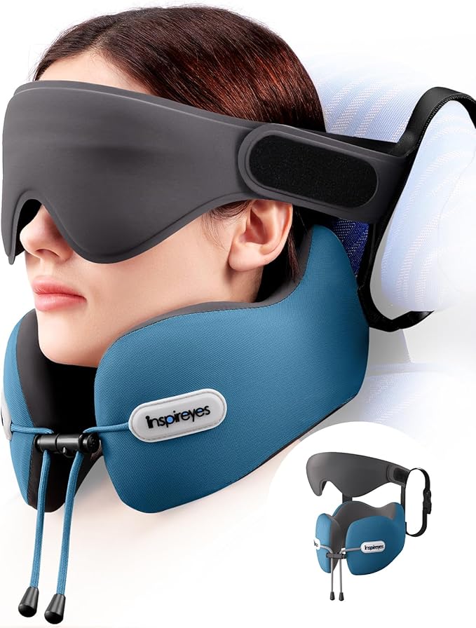 Inspireyes Neck Pillow, Travel Pillow with Seat Strap, 3D Sleep Mask, Dual Support Neck and Head, High Supportive Foam Airplane Pillow for Long Flight, Stop Bobblehead Travel Essential, Lake Blue