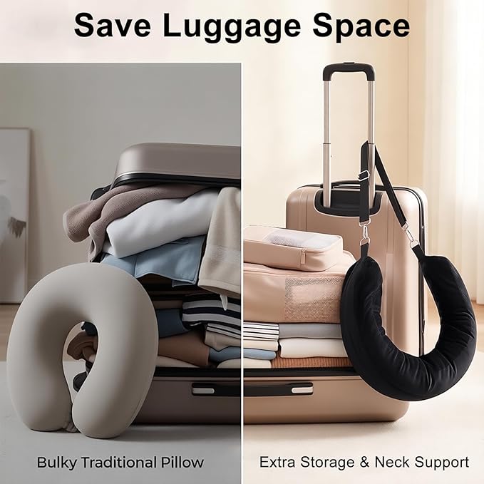 Stuffable Travel Neck Pillow, Soft Velvet Fillable Airplane Pillow for Clothes, Adjustable Neck Fit, Carry-On Packing Luggage Saver