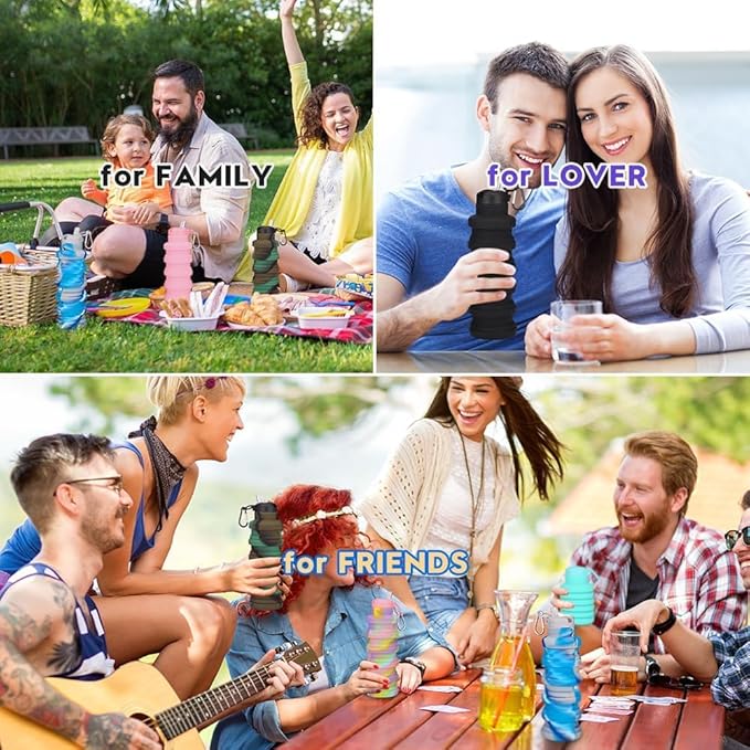 Collapsible water bottles 3 Pack with brush,BPA Free Travel Silicone Water Bottle with Carabiner,Reusable Foldable Portable Lightweight Sports bottles for Gym Camping Hiking (Colorful)