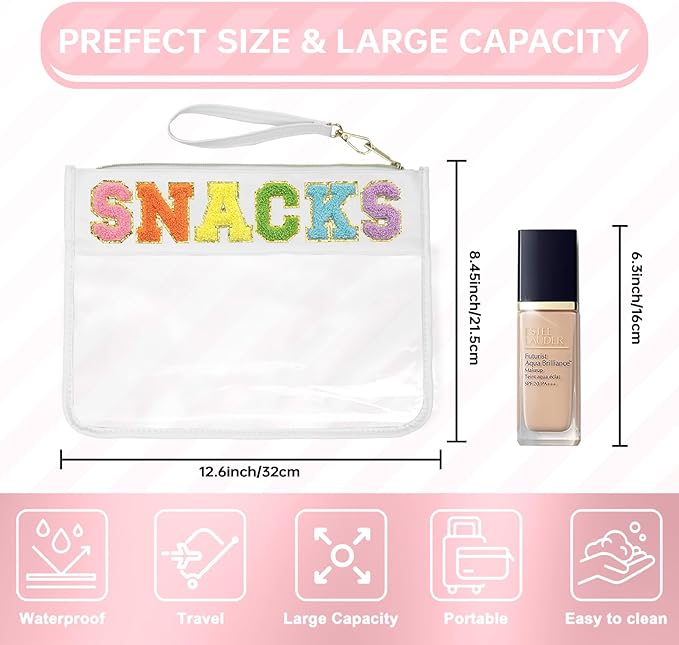 Siwara Snack Bags Clear Pouch Travel Makeup Bag Chenille Letter Bags for Zipper Pouch Clear Cosmetic Bag Clearly Tote Bag Makeup Travel Bags for Women