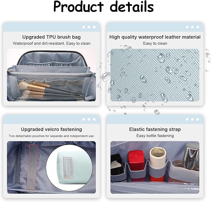 BOYATU Travel Makeup Bag Organizer Cosmetic Bag: 3 Pcs Set Make up Bags for Women with Handle - Waterproof Vegan Leather Toiletry Bags Travel Essentials Pouch with Compartments (A-06-Blue)