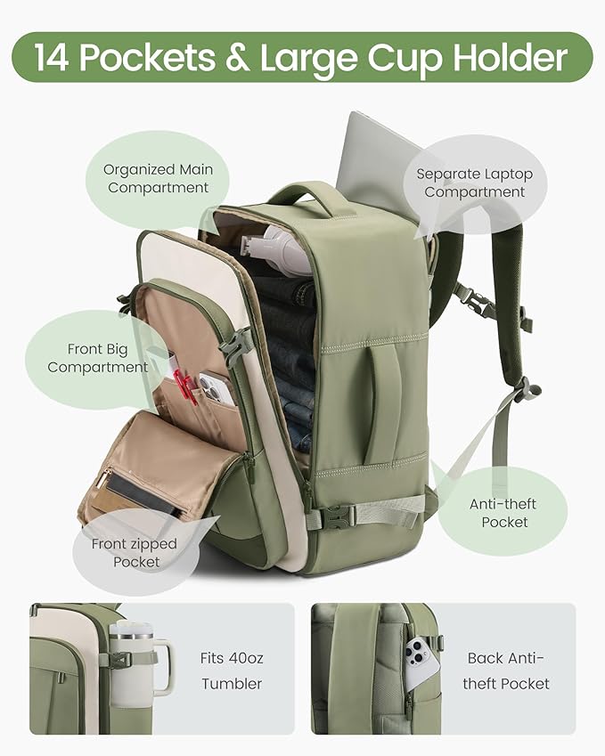 LOVEVOOK 40L Travel Backpack for Women & Men, Airline Approved Carry On Backpack, TSA Personal Item Bag fits 17.3 Inch Laptop, Waterproof Weekender Overnight Bags Suitcase for Work, Light Pink