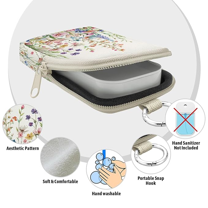 Hand Sanitizer Spray Case, Wild Flowers Floral Hand Sanitizer Holder Zippered Pouch, Cute Fashion Accessory with Snap Hook for Glow Mist and Power Mist 1FL OZ