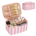 OCHEAL Makeup Bag,Travel Makeup Organizer Bag, Large Capacity Cosmetic Bags For Women Large Travel Toiletry Bag Girls Traveling With Brush Slot And Divider-Stripes Pink