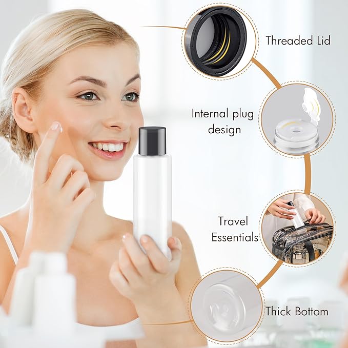 ZEJIA Clear 150ML/5OZ Travel Size Toiletries, 3 Pack Plastic Travel Bottles, Double Leak Proof Travel Size Containers for Shampoo, Lotion, Body Wash, Refillable Empty Travel Bottles with 6pcs Labels