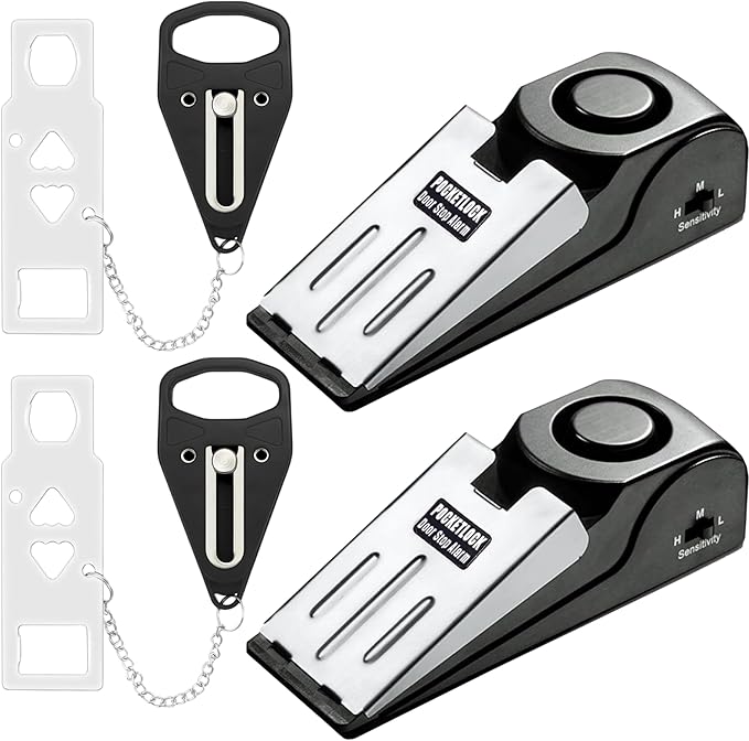 Portable Door Lock + Door Stop Alarm Set – Travel Safety Kit for Hotel Rooms, Home, Dorms & Apartments – (Black, 2-Pack - 2 Locks + 2 Alarms)