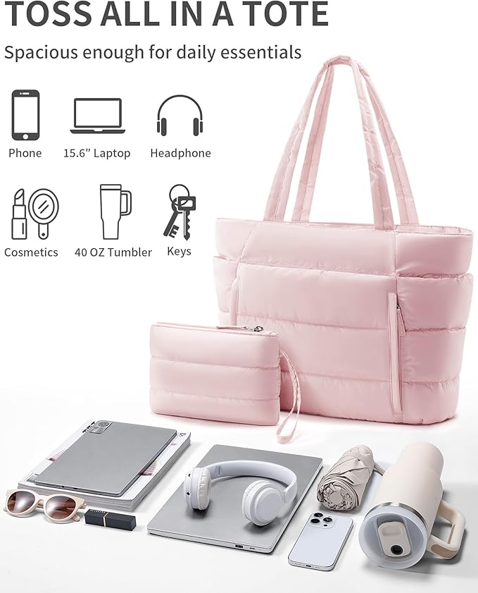 Bagstellar Puffer Tote Bag for Women, Lightweight Puffy Work Handbag Teacher Nurse Quilted Shoulder Bag for School Travel Gym | Cloud Bag w/ Zipper, Daily College Bags, 15.6" Computer Bag, Clinical Nursing Bag, 40 OZ Tumbler Holder, Ideal Gift for Women
