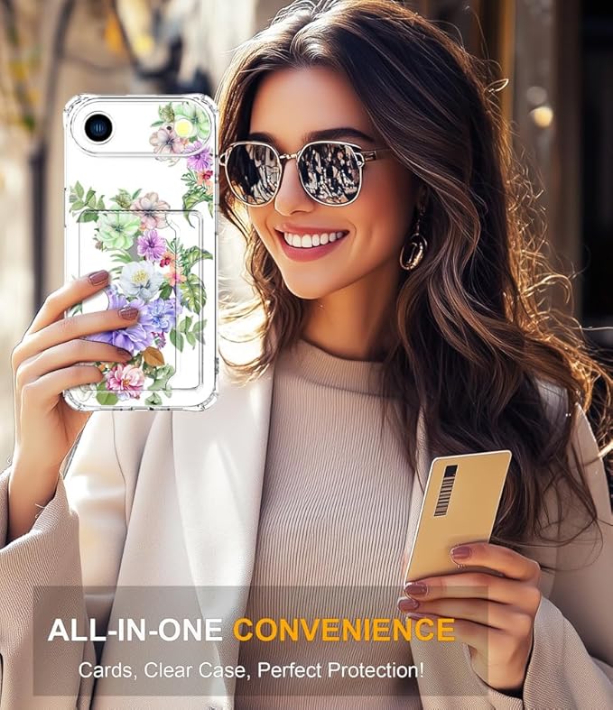 Compatible with iPhone 17 Air Case Card Holder for Women Cute Design,Wallet Phone Cases Transparent Cool Kawaii Protective (Clear Impressive Flowers)