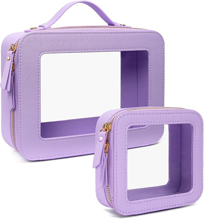 LETGO Clear Makeup Bag Organizer Set,Portable Travel Toiletry Case for Women, Vegan Leather Cosmetic Pouch Car Bag for Essentials(Mini+Large Purple)