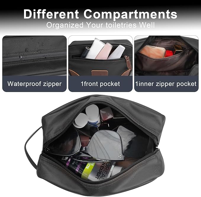 Wohlbege Men's Travel Toiletry Bag - Large Waterproof Organizer, 2 Zippered Pockets for Shaving/Cosmetic,Portable Bathroom Bag for Travel/Gym/Business Trips