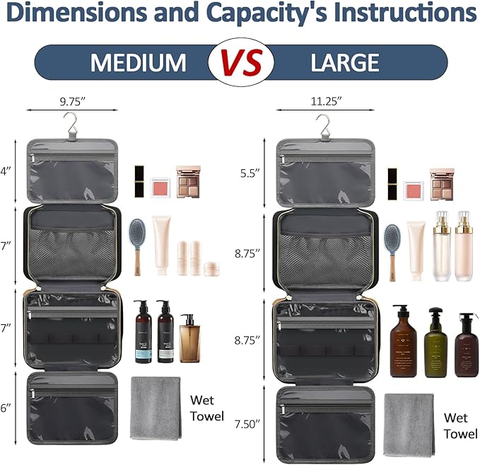 Vankor Travel Toiletry Bag for Women with Hanging Hook, Waterproof TSA Approved Cometic Toiletry Bag Organizers Leakproof Make up Bags for Women Black