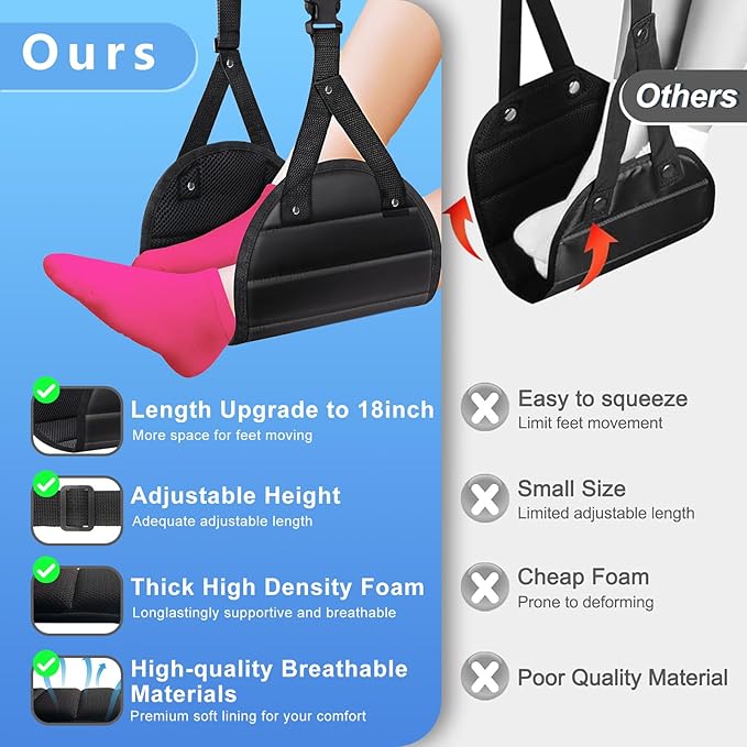 Foot Hammock for Plane Travel - Airplane Foot Rest,Length Adjustable Leg Hammock | Travel Essentials | Desk Foot Hammock for Long Trip - Relax Your Feet,Black,2Pack